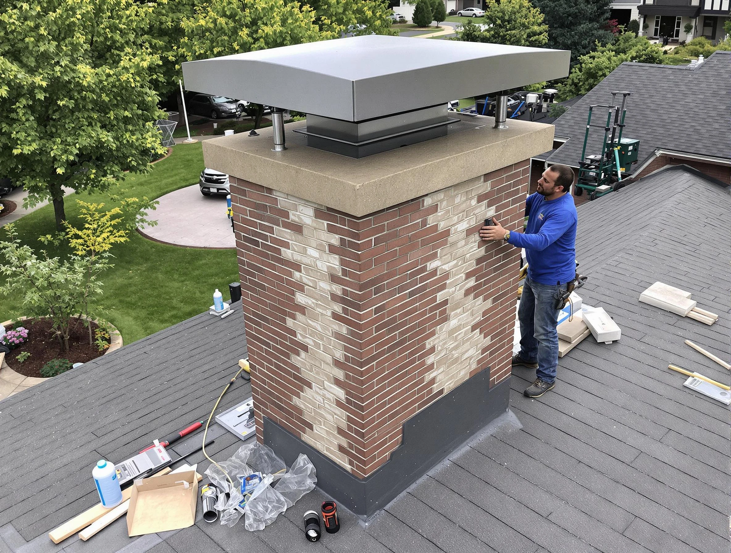 Homewood Chimney Sweep team working on a custom chimney remodel in Homewood, AL